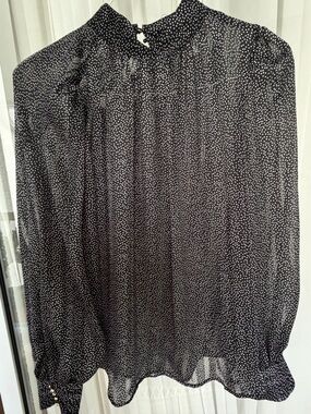 H&M Black Polka Dot Sheer Pleated Long Sleeve Blouse